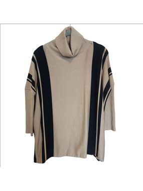 CAROL ROSE COLOR BLOCK STRIPE BLACK TAN KNIT TUNIC SWEATER RIBBED SLEEVES SMALL